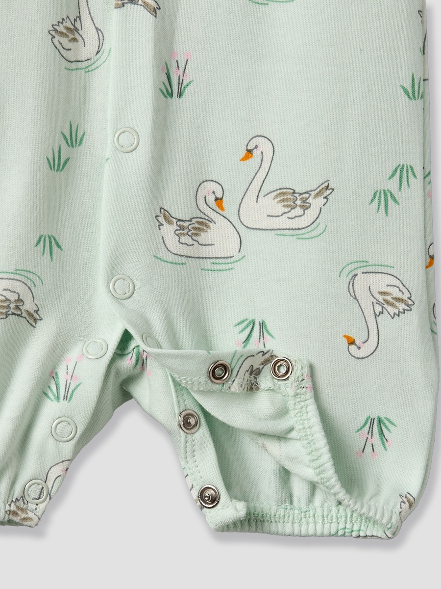 Round Neck Short Sleeves Romper with Swan Print