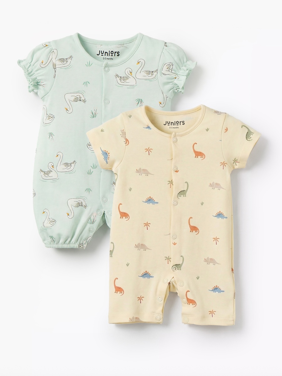 Pack of 2 Round Neck Short Sleeve Romper with Snap Button Closure