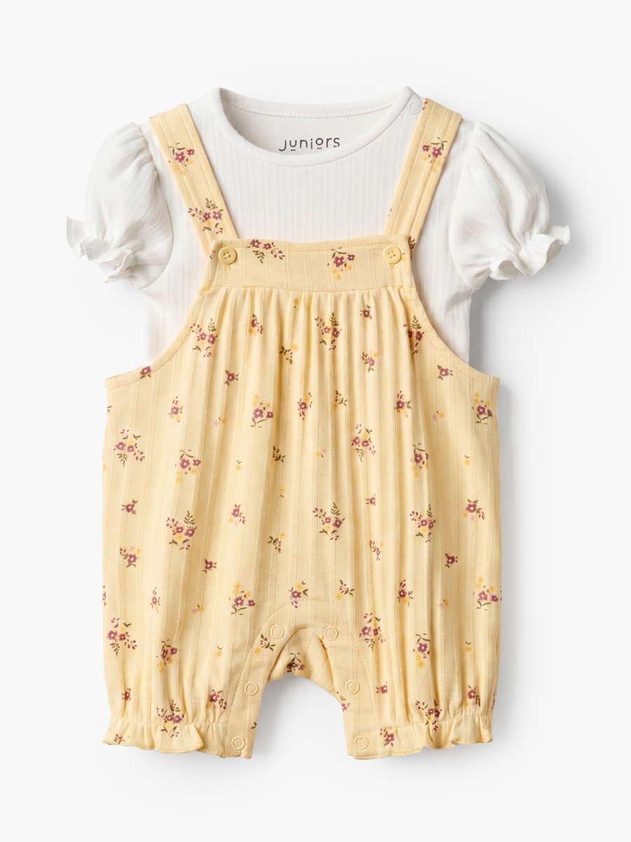 Crew Neck Short Sleeves T-Shirt and Dungaree Set with Floral Print