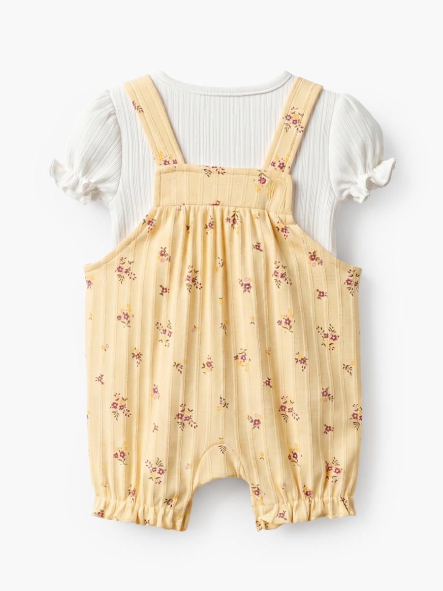 Crew Neck Short Sleeves T-Shirt and Dungaree Set with Floral Print
