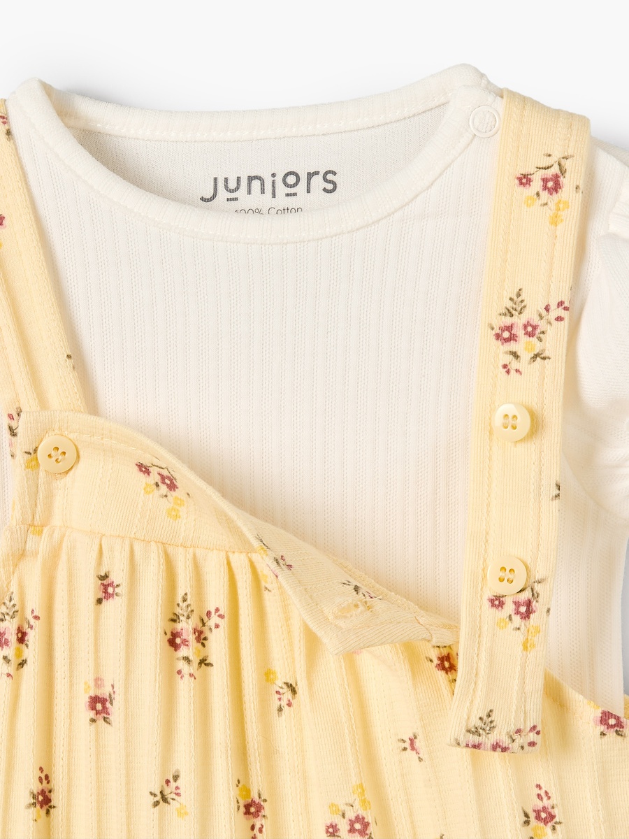 Crew Neck Short Sleeves T-Shirt and Dungaree Set with Floral Print