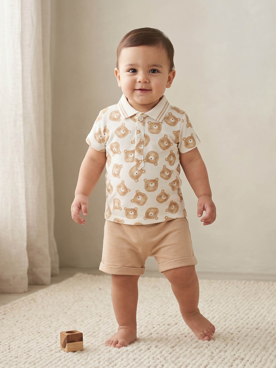 Collared Short Sleeves Polo T-Shirt and Shorts Set with Bear Print