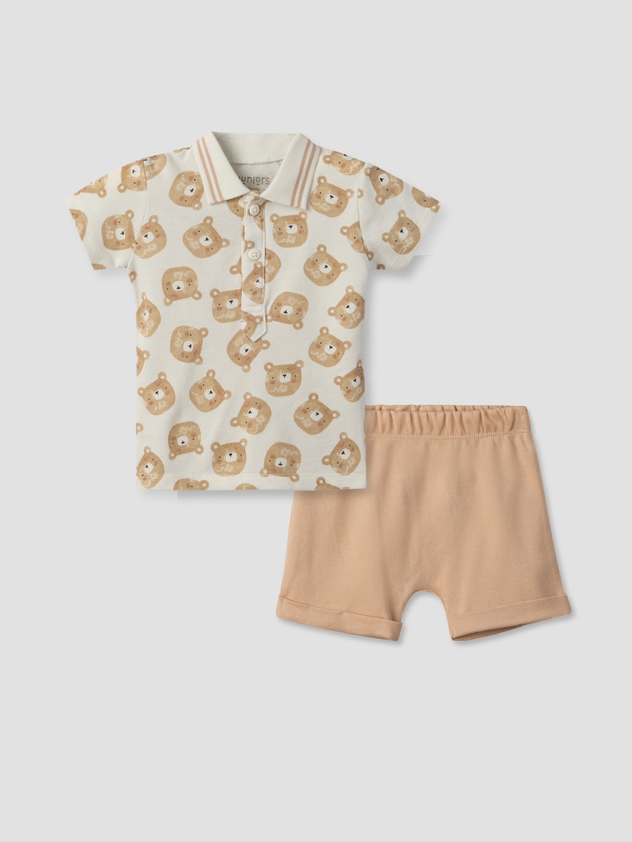 Collared Short Sleeves Polo T-Shirt and Shorts Set with Bear Print