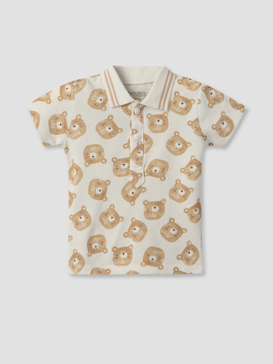 Collared Short Sleeves Polo T-Shirt and Shorts Set with Bear Print