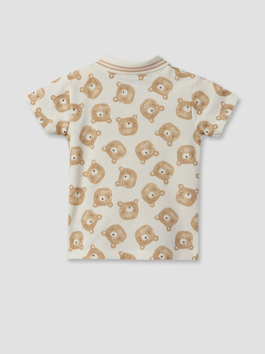 Collared Short Sleeves Polo T-Shirt and Shorts Set with Bear Print