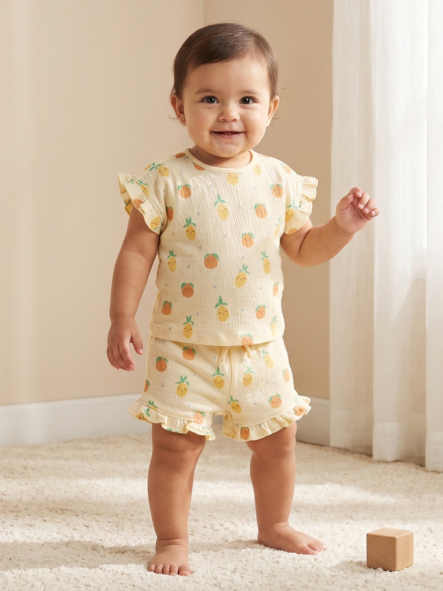 Crew Neck Short Sleeves Top and Shorts Set with Fruit Print