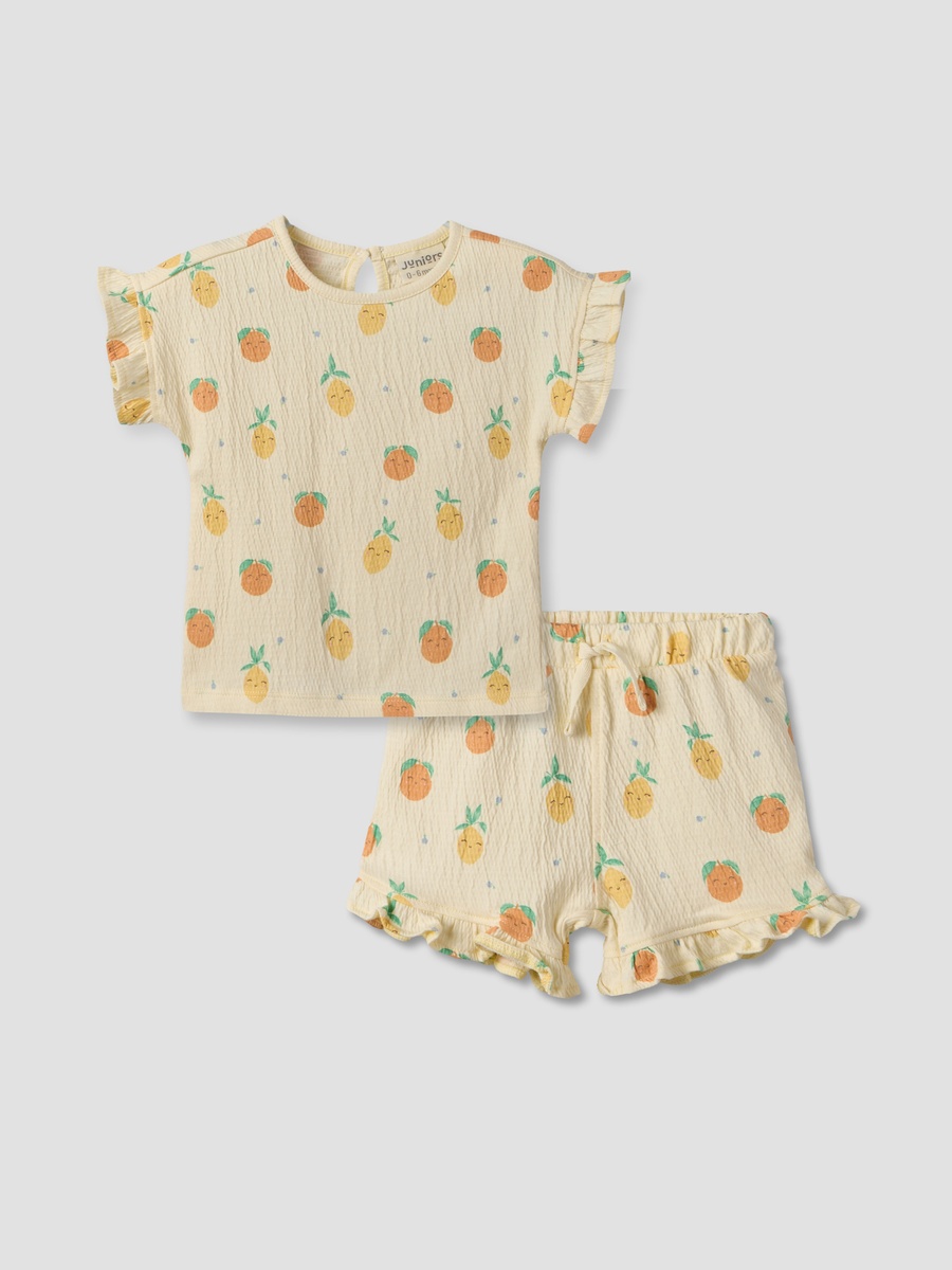Crew Neck Short Sleeves Top and Shorts Set with Fruit Print