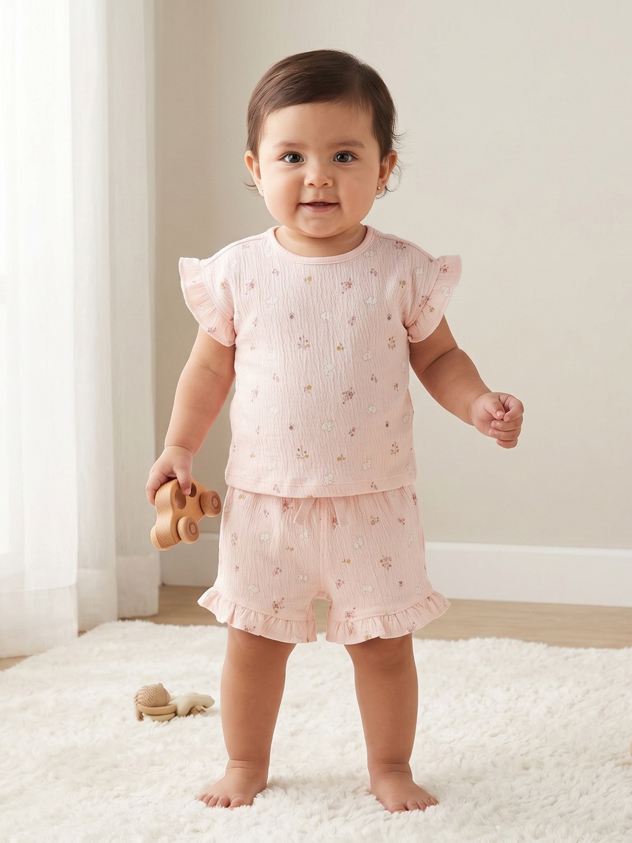 Crew Neck Short Sleeves Top and Shorts Set with Floral Print
