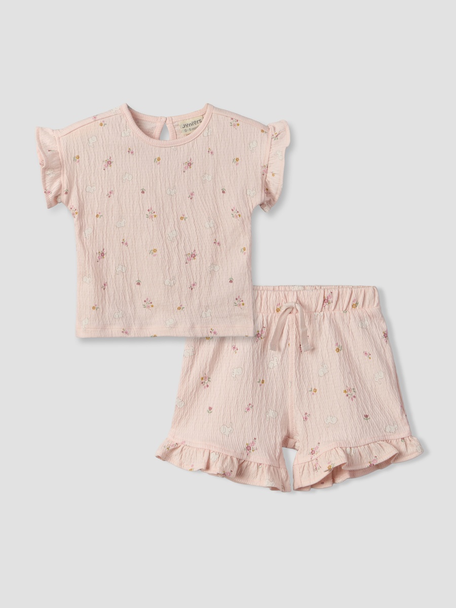 Crew Neck Short Sleeves Top and Shorts Set with Floral Print