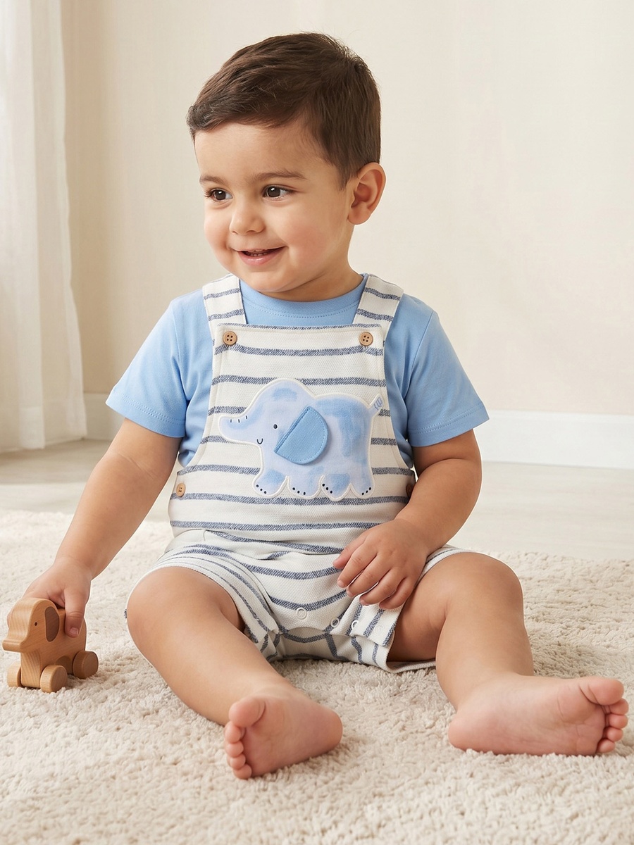 Crew Neck Short Sleeves T-Shirt and Dungaree Set with Elephant Applique