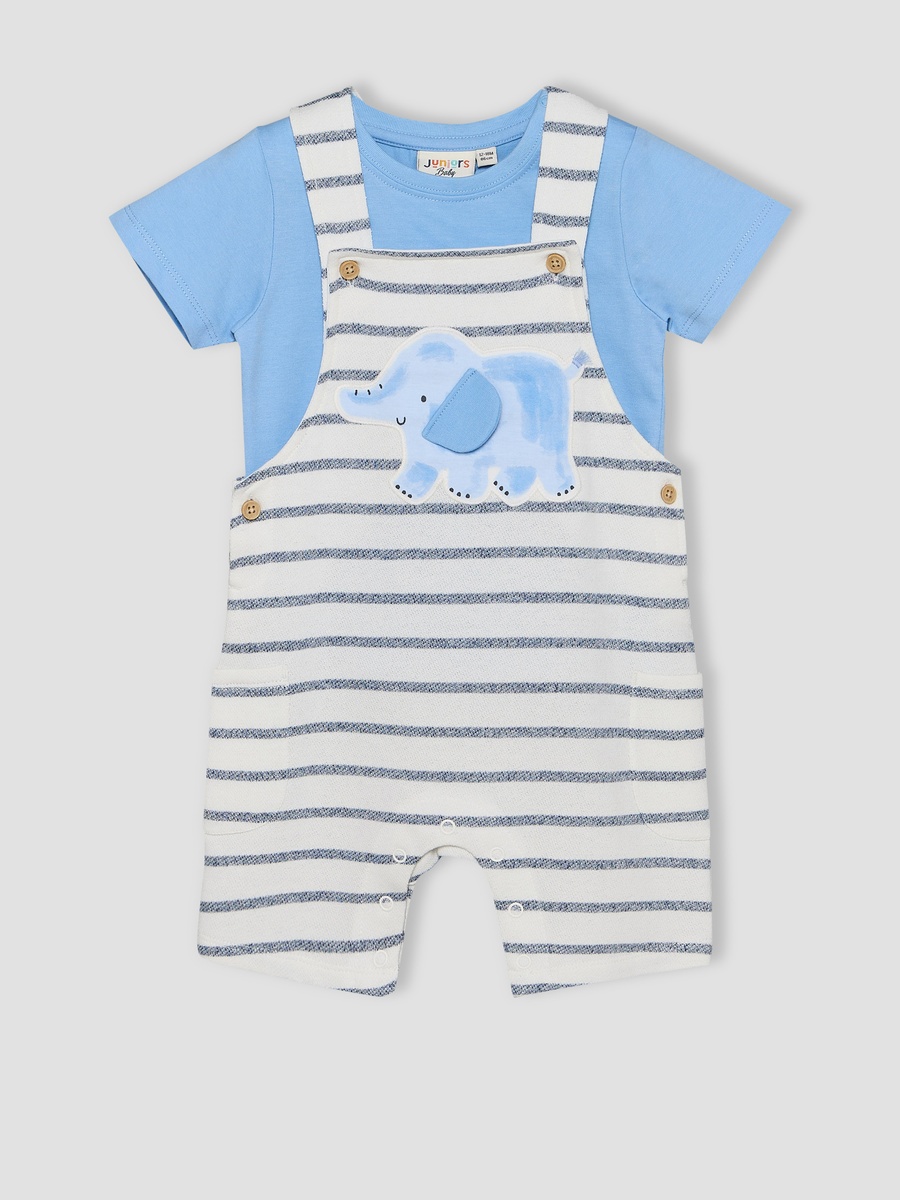 Crew Neck Short Sleeves T-Shirt and Dungaree Set with Elephant Applique