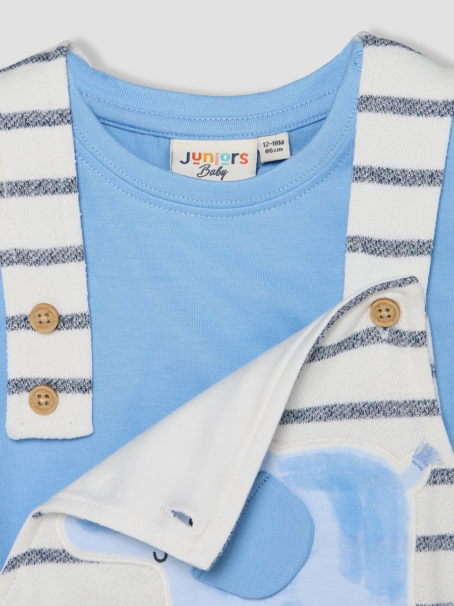 Crew Neck Short Sleeves T-Shirt and Dungaree Set with Elephant Applique
