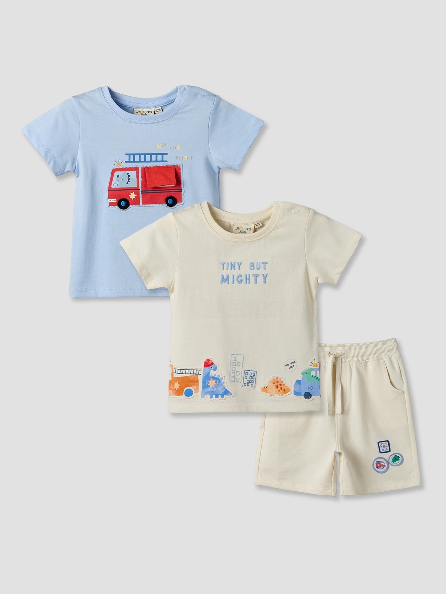 Set of 3 Round Neck Short Sleeves T-Shirt and Shorts Set with Applique Detail