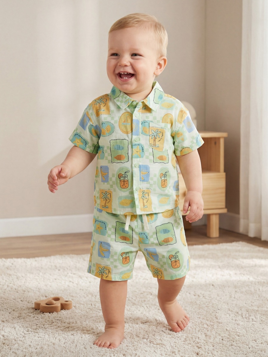 Collared Short Sleeve Shirt and Shorts Set with Tropical Print