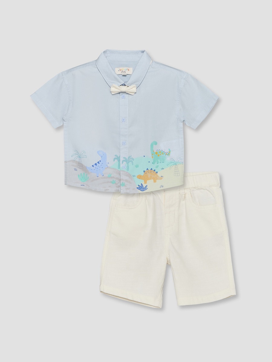 Collared Short Sleeves Shirt and Shorts Set with Dinosaur Print