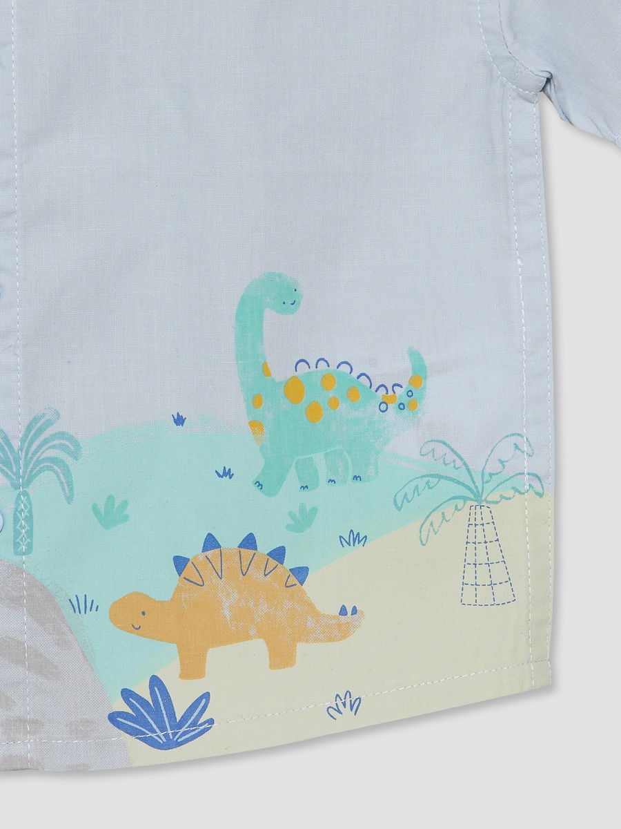 Collared Short Sleeves Shirt and Shorts Set with Dinosaur Print