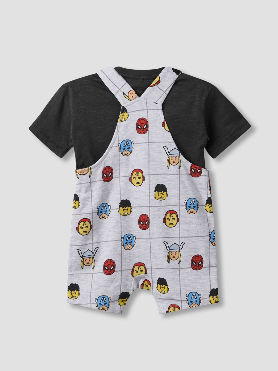 Crew Neck Short Sleeves T-Shirt and Dungaree Set with Avengers Print