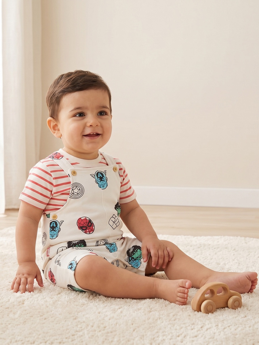 Crew Neck Short Sleeves T-Shirt and Dungaree Set with Avengers Print
