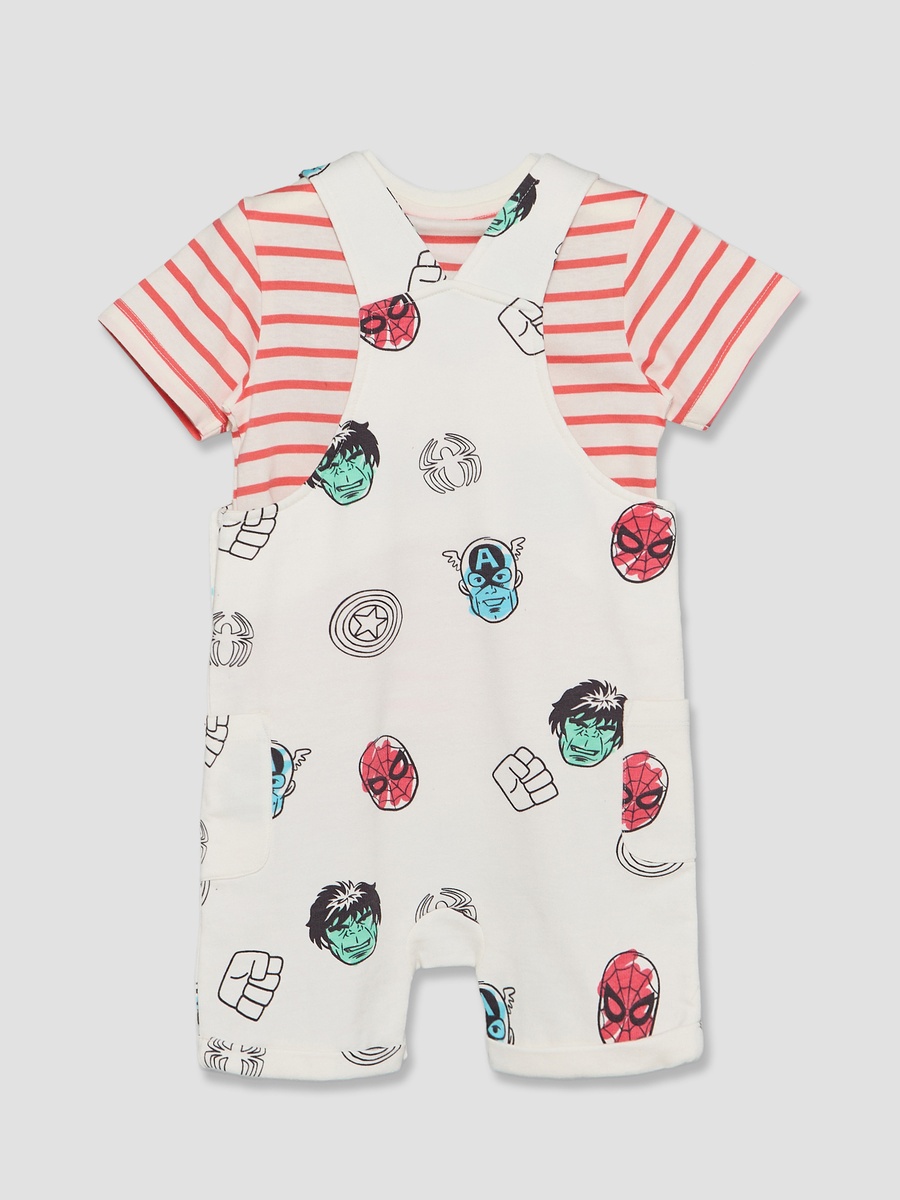 Crew Neck Short Sleeves T-Shirt and Dungaree Set with Avengers Print