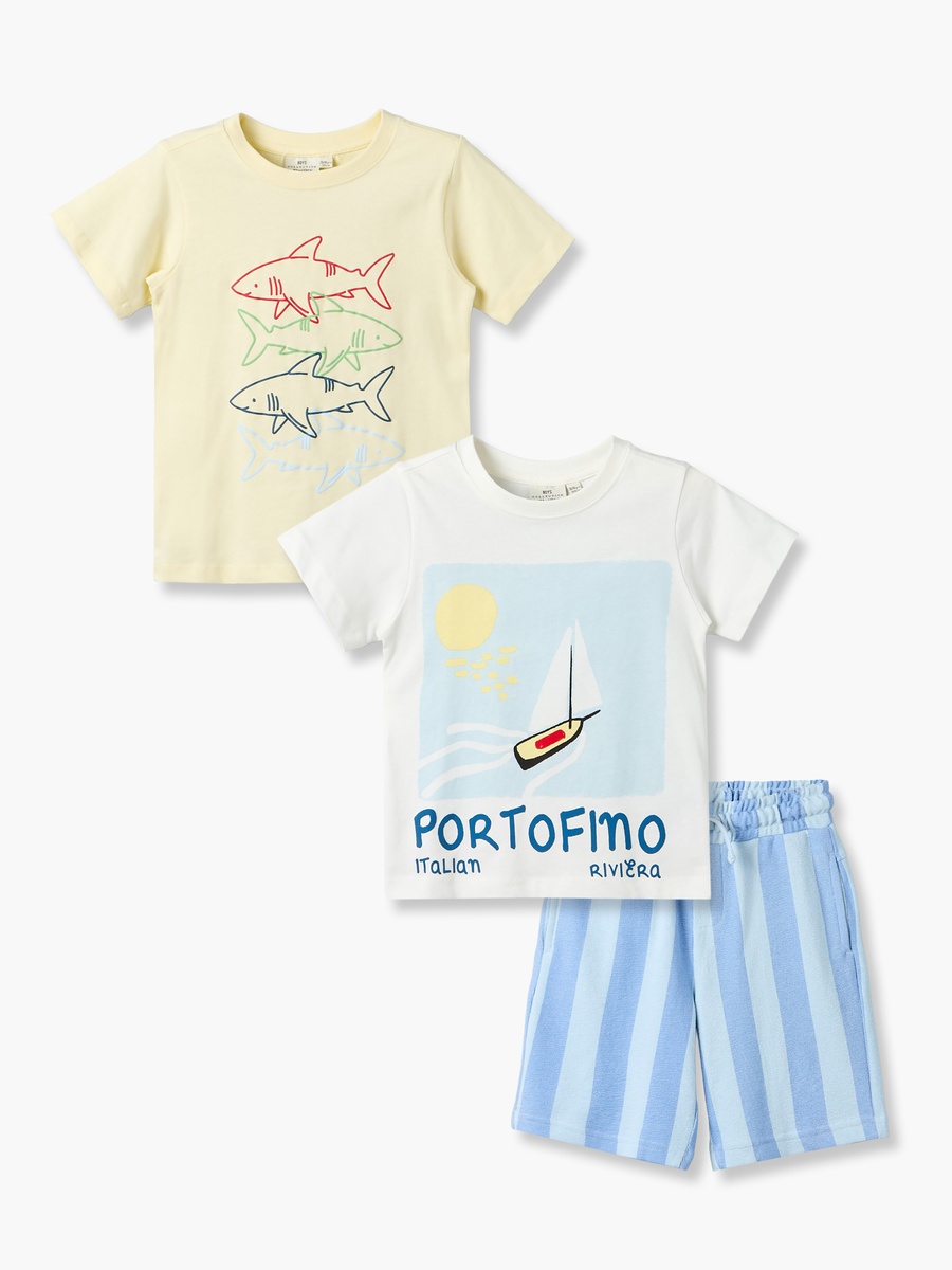 Set of 3 Crew Neck Short Sleeve T-Shirt and Shorts Set with Nautical Print
