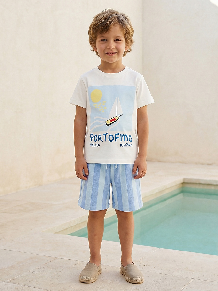 Set of 3 Crew Neck Short Sleeve T-Shirt and Shorts Set with Nautical Print