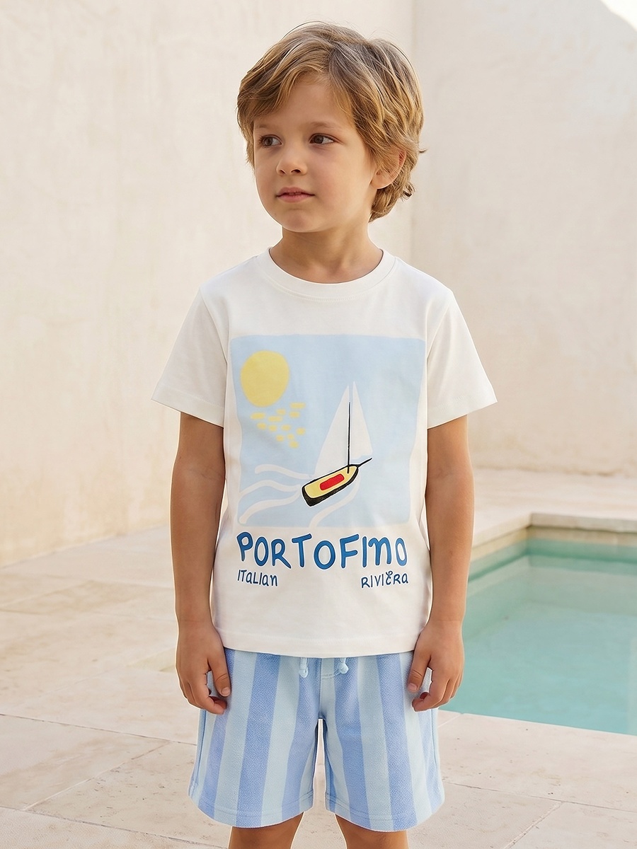 Set of 3 Crew Neck Short Sleeve T-Shirt and Shorts Set with Nautical Print