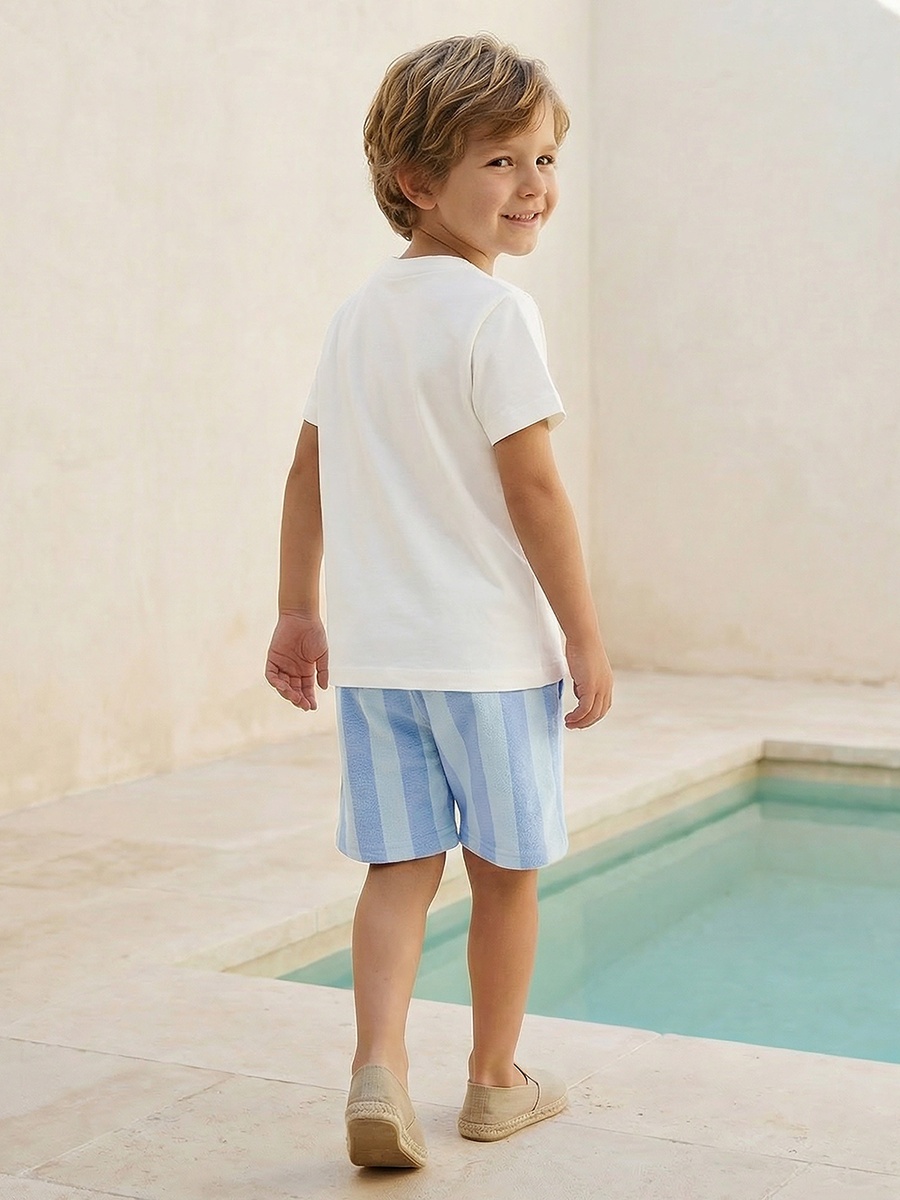 Set of 3 Crew Neck Short Sleeve T-Shirt and Shorts Set with Nautical Print