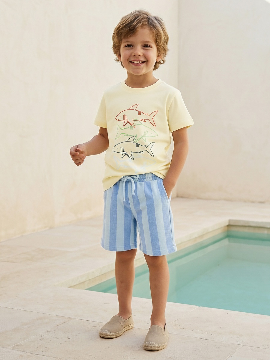 Set of 3 Crew Neck Short Sleeve T-Shirt and Shorts Set with Nautical Print
