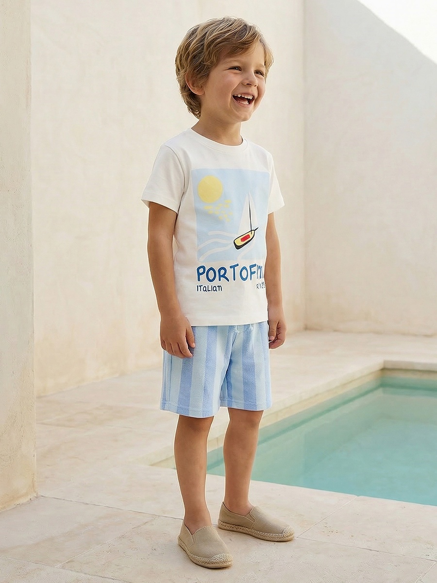 Set of 3 Crew Neck Short Sleeve T-Shirt and Shorts Set with Nautical Print