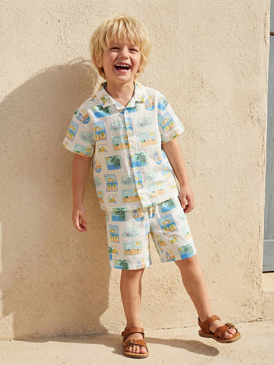 Camp Collar Short Sleeve Shirt and Shorts Set with Beach Vacation Print