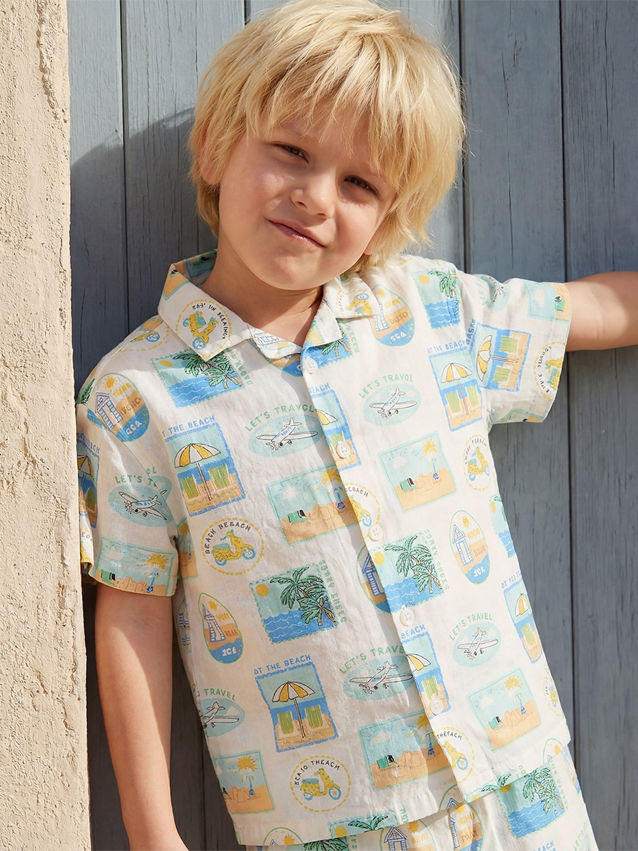 Camp Collar Short Sleeve Shirt and Shorts Set with Beach Vacation Print