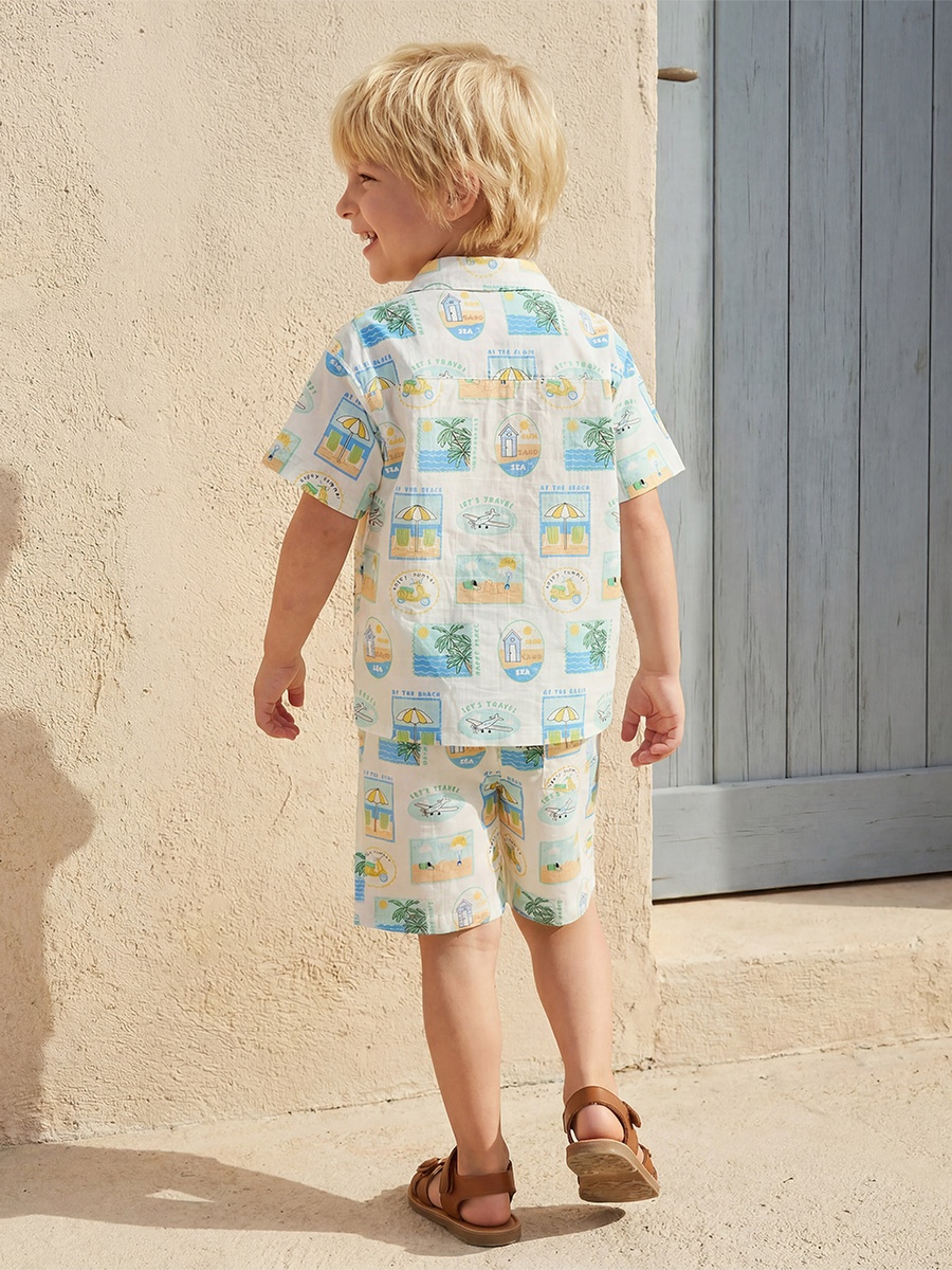 Camp Collar Short Sleeve Shirt and Shorts Set with Beach Vacation Print