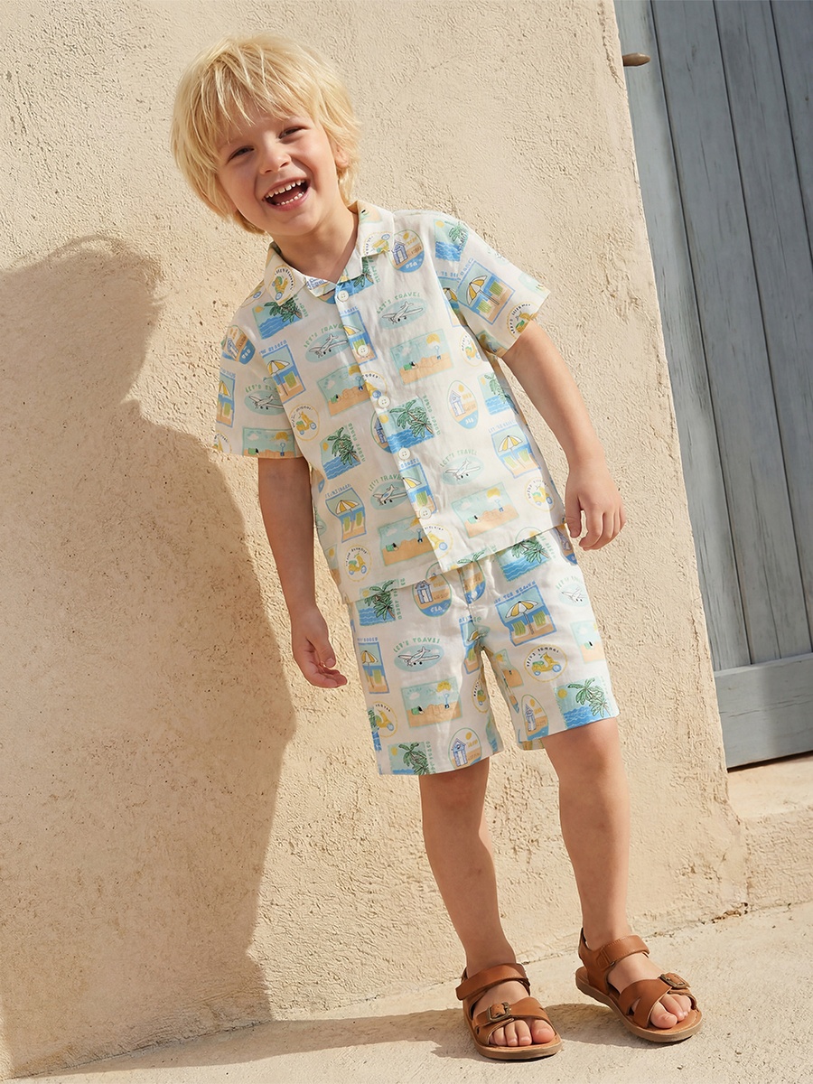 Camp Collar Short Sleeve Shirt and Shorts Set with Beach Vacation Print