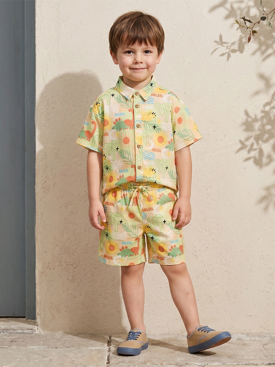 Collared Short Sleeves Shirt and Shorts Set with Tropical Print