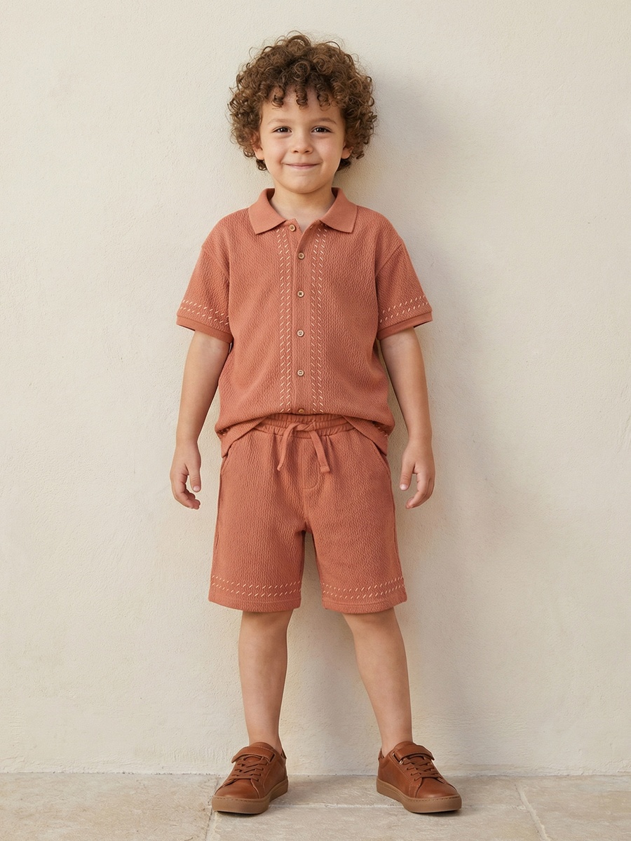 Collared Short Sleeve Shirt and Shorts Set with Drawstring Closure