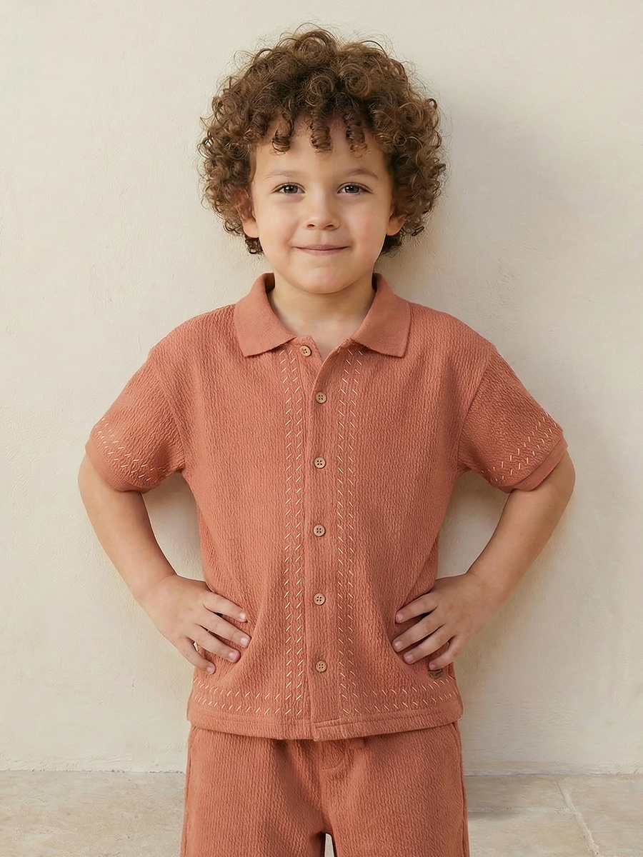 Collared Short Sleeve Shirt and Shorts Set with Drawstring Closure