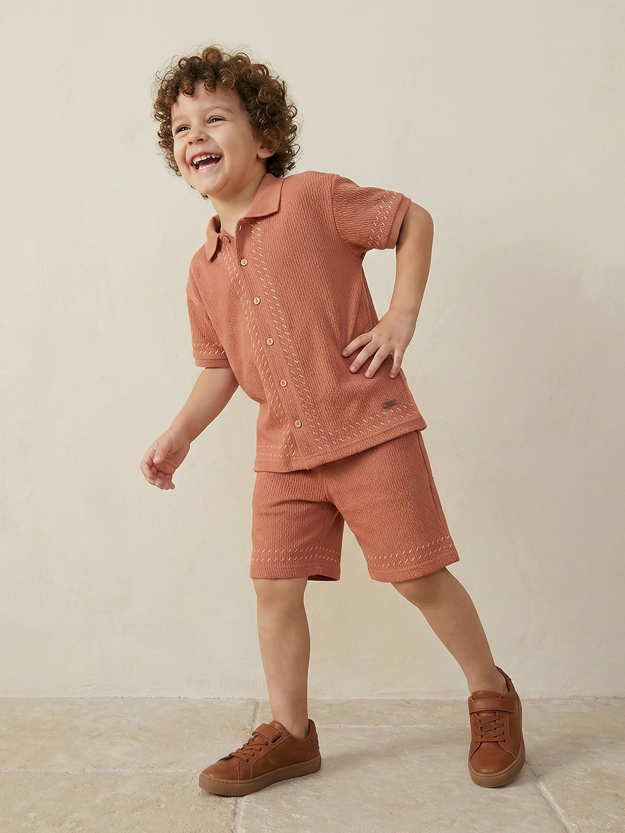 Collared Short Sleeve Shirt and Shorts Set with Drawstring Closure