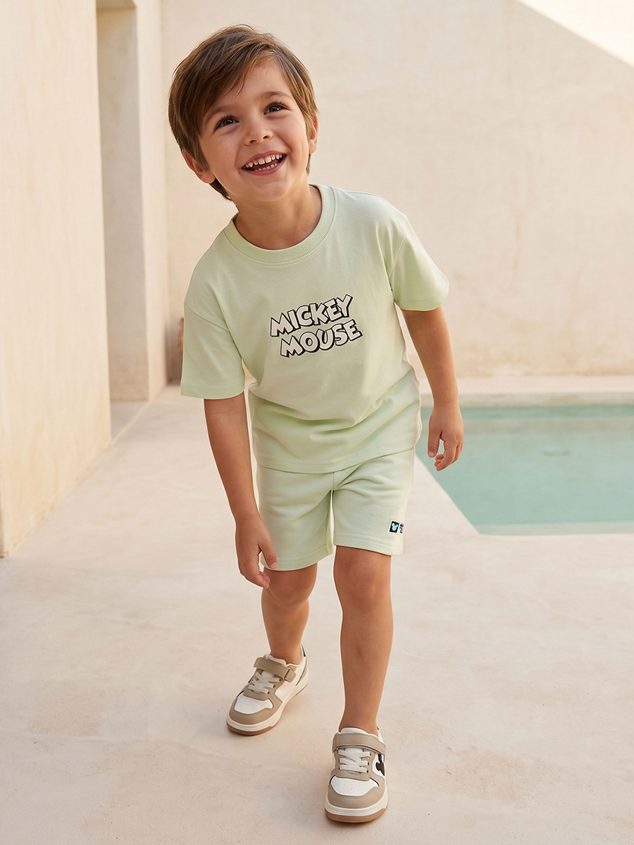 Crew Neck Short Sleeve T-Shirt and Shorts Set with Mickey Mouse Print
