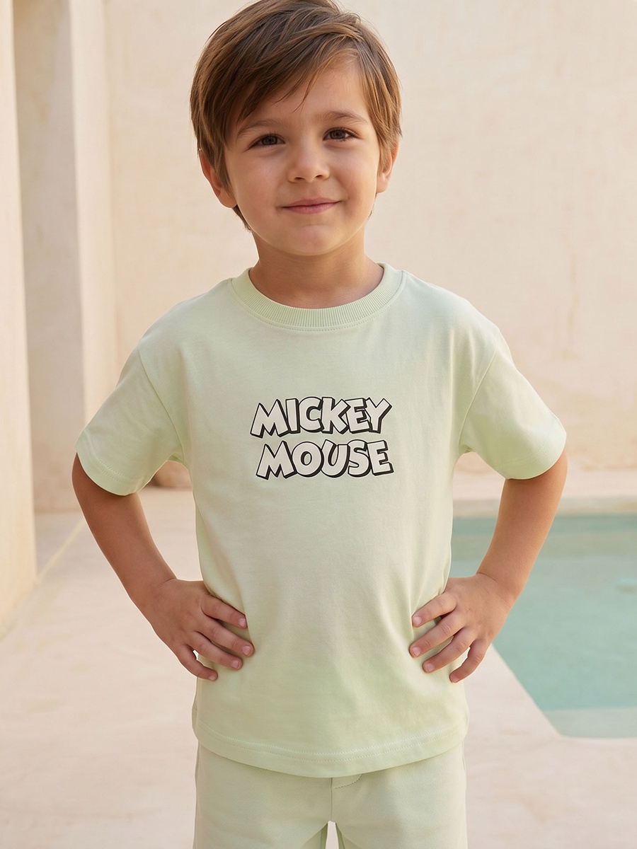 Crew Neck Short Sleeve T-Shirt and Shorts Set with Mickey Mouse Print