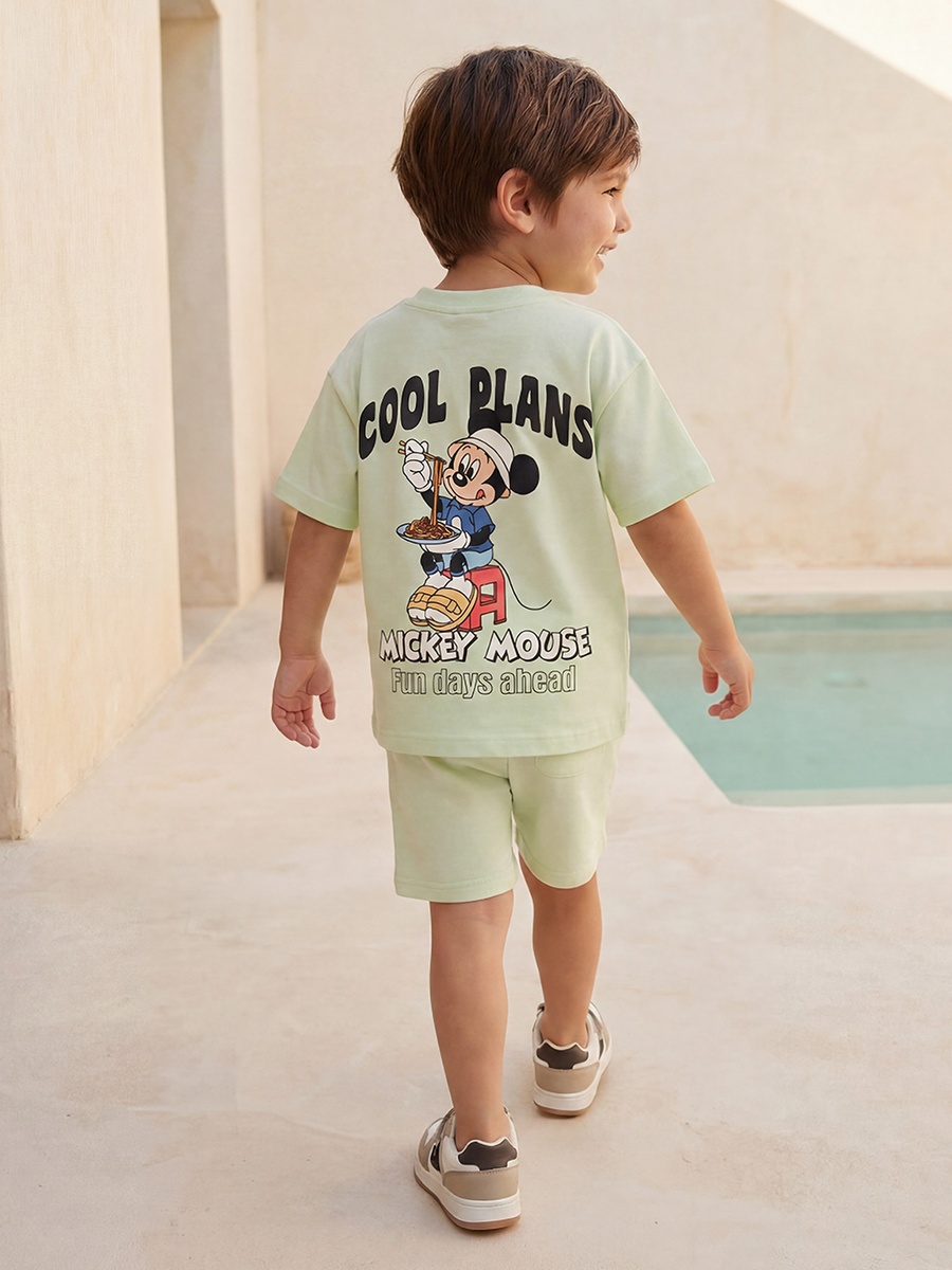 Crew Neck Short Sleeve T-Shirt and Shorts Set with Mickey Mouse Print