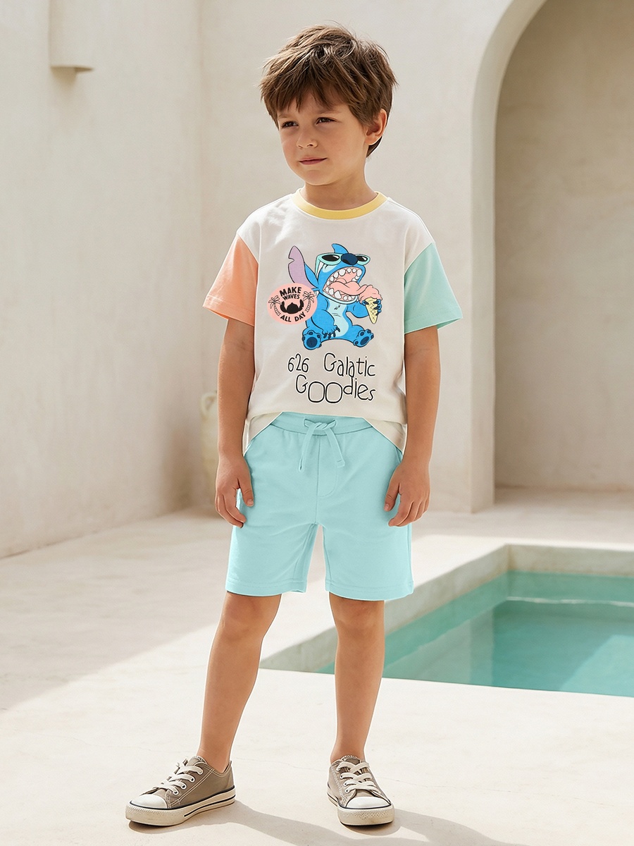 Crew Neck Short Sleeve T-Shirt and Shorts Set with Stitch Print
