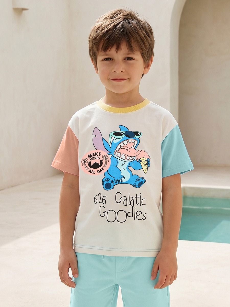 Crew Neck Short Sleeve T-Shirt and Shorts Set with Stitch Print