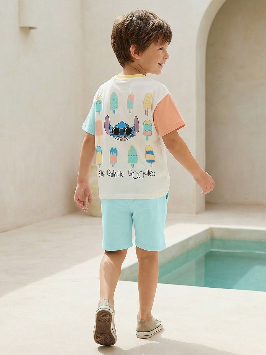 Crew Neck Short Sleeve T-Shirt and Shorts Set with Stitch Print