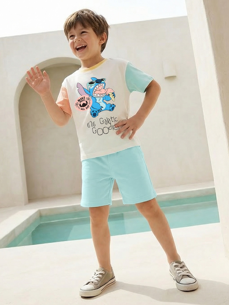 Crew Neck Short Sleeve T-Shirt and Shorts Set with Stitch Print