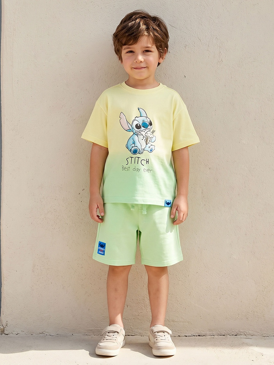 Crew Neck Short Sleeves T-Shirt and Shorts Set with Stitch Print