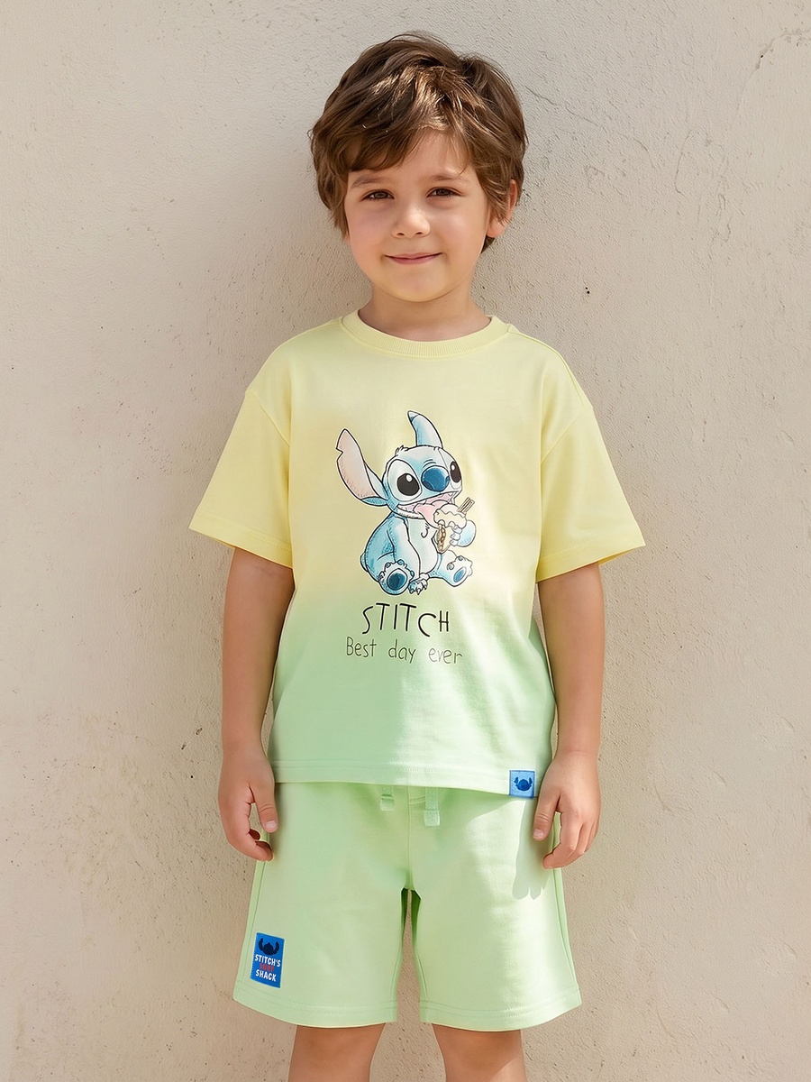 Crew Neck Short Sleeves T-Shirt and Shorts Set with Stitch Print