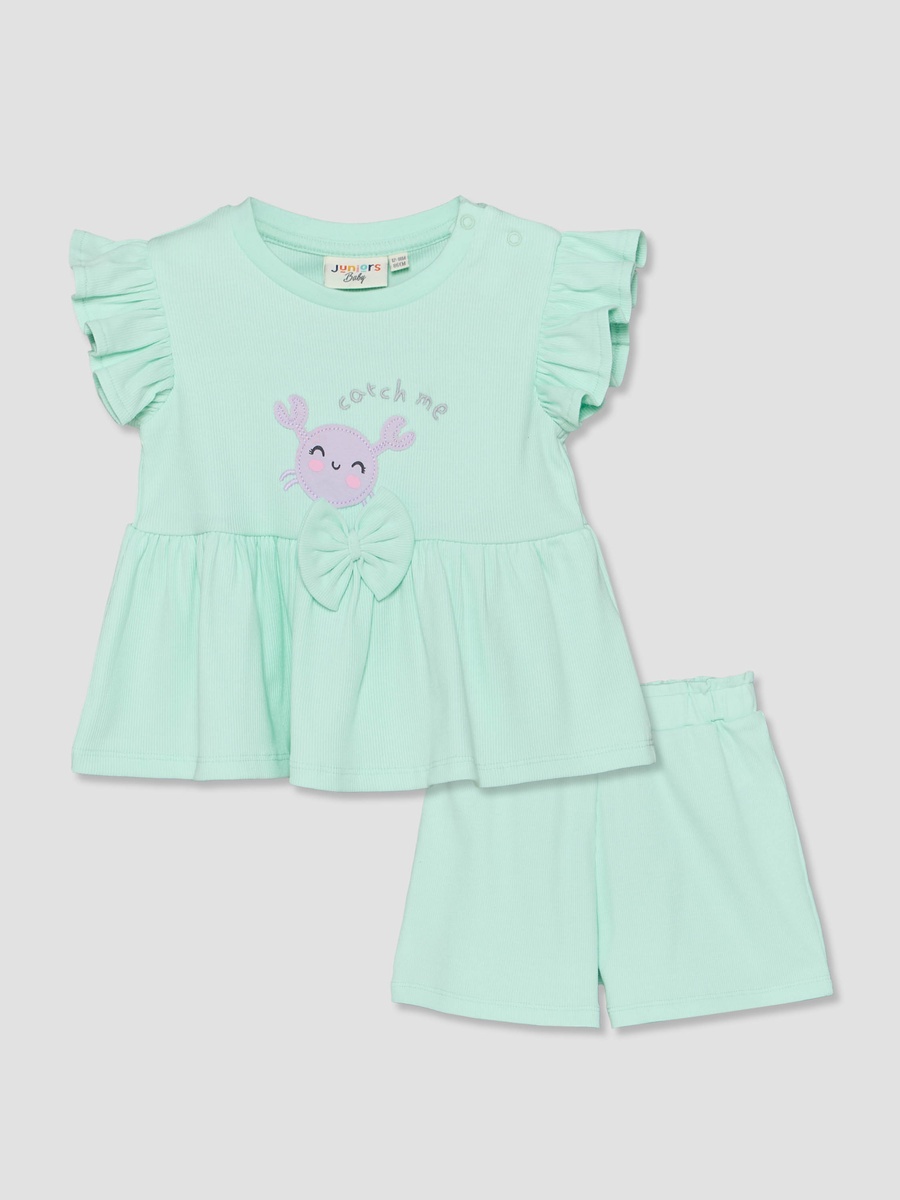 Crew Neck Short Sleeves Top and Shorts Set with Crab Applique