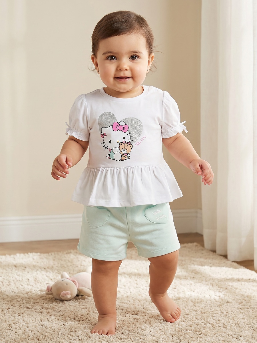 Round Neck Short Sleeves Peplum Top and Shorts Set with Hello Kitty Print