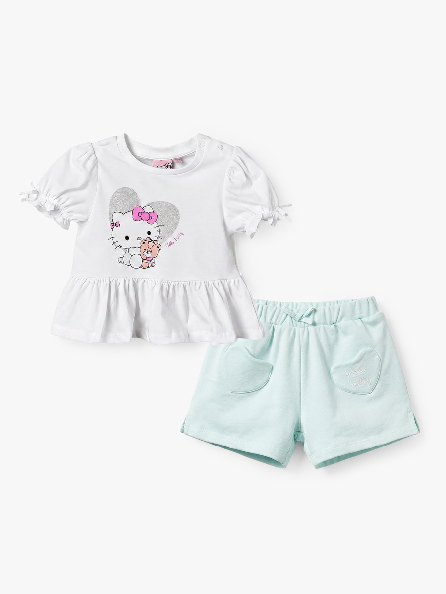 Round Neck Short Sleeves Peplum Top and Shorts Set with Hello Kitty Print