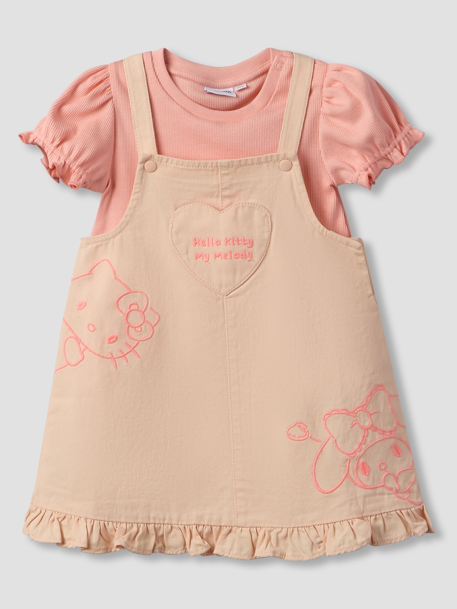 Crew Neck Short Sleeves T-Shirt and Dungaree Set with Hello Kitty and Friends Embroidery